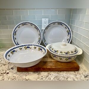 VTG Melamine Ware Covered Serving Bowl + 3 Lg Serving Bowls w Grape Pattern